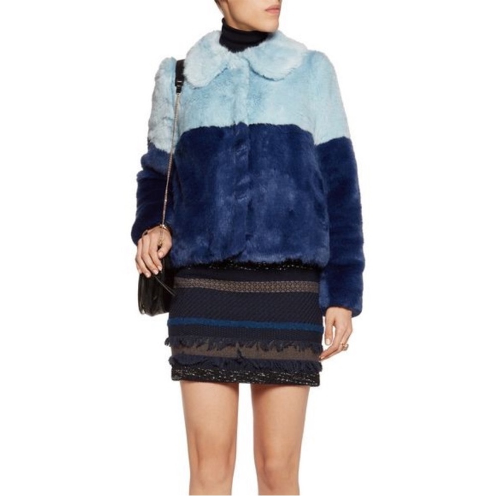 Alice & Olivia Blue Faux Fur Jacket Two-Tone Color Block Quilted Teddy Coat - Picture 8 of 14
